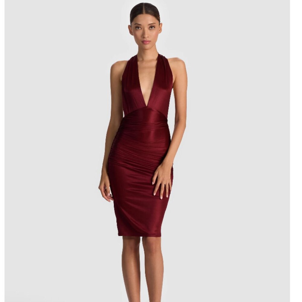 Alice + Olivia Romy Draped Midi Dress in Oxblood Size 8